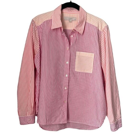 Loft Button-Down Colorful Striped Everyday Blouse Size Petite Medium Long Sleeve - Picture 2 of 6